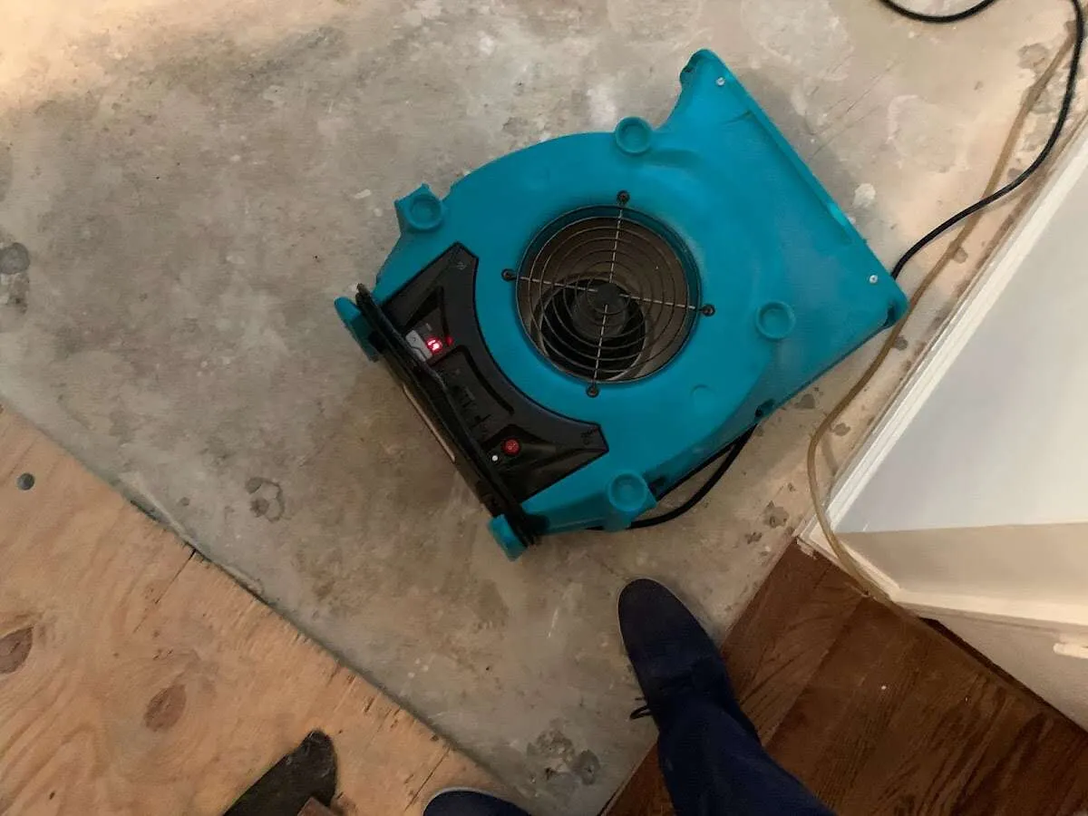 Air mover drying subfloor during Leak Detection & Repair in Delhi Hills